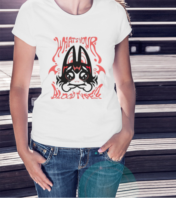WHAT'S YOUR BLOOD TYPE? KAWAII BAT CHARACTER IN RED AND BLACK T-Shirt