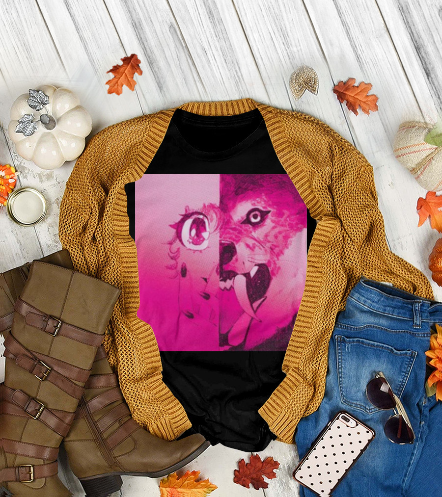 Topatoco Dead On The Scene Anime Eye Wolf Face Split Pink T-Shirt