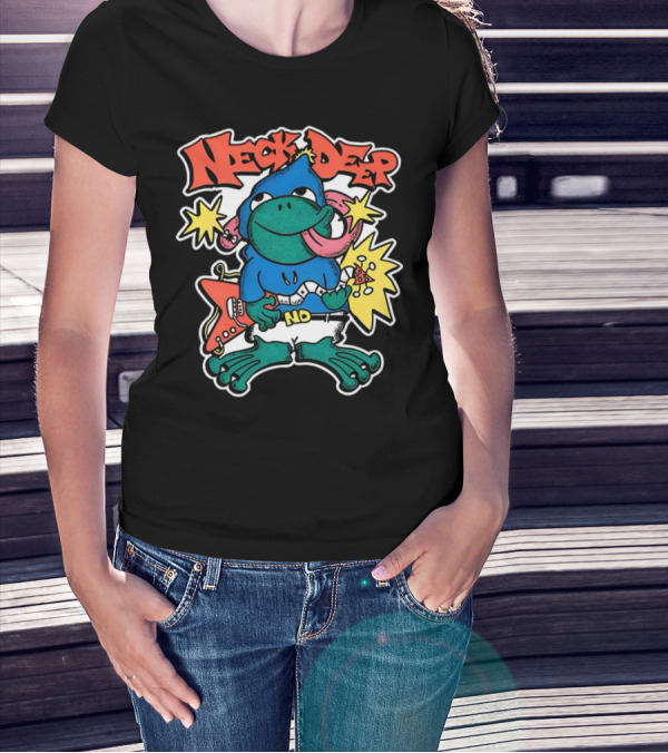 Neck Deep Frog Cartoon Character Holding Red Electric Guitar With Stars And No Belt T-Shirt