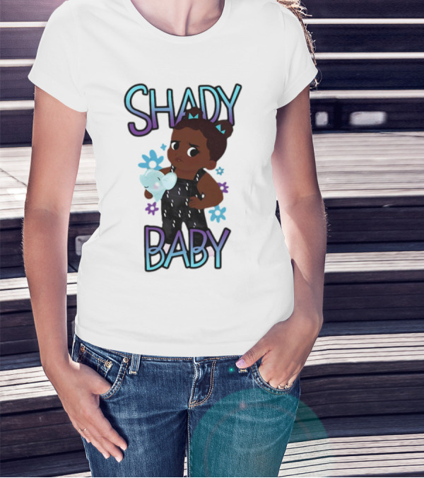 Shady Baby Cute Cartoon Character Holding Blue Elephant With Purple And Blue Flowers T-Shirt