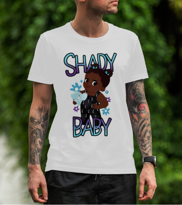 Shady Baby Cute Cartoon Character Holding Blue Elephant With Purple And Blue Flowers T-Shirt