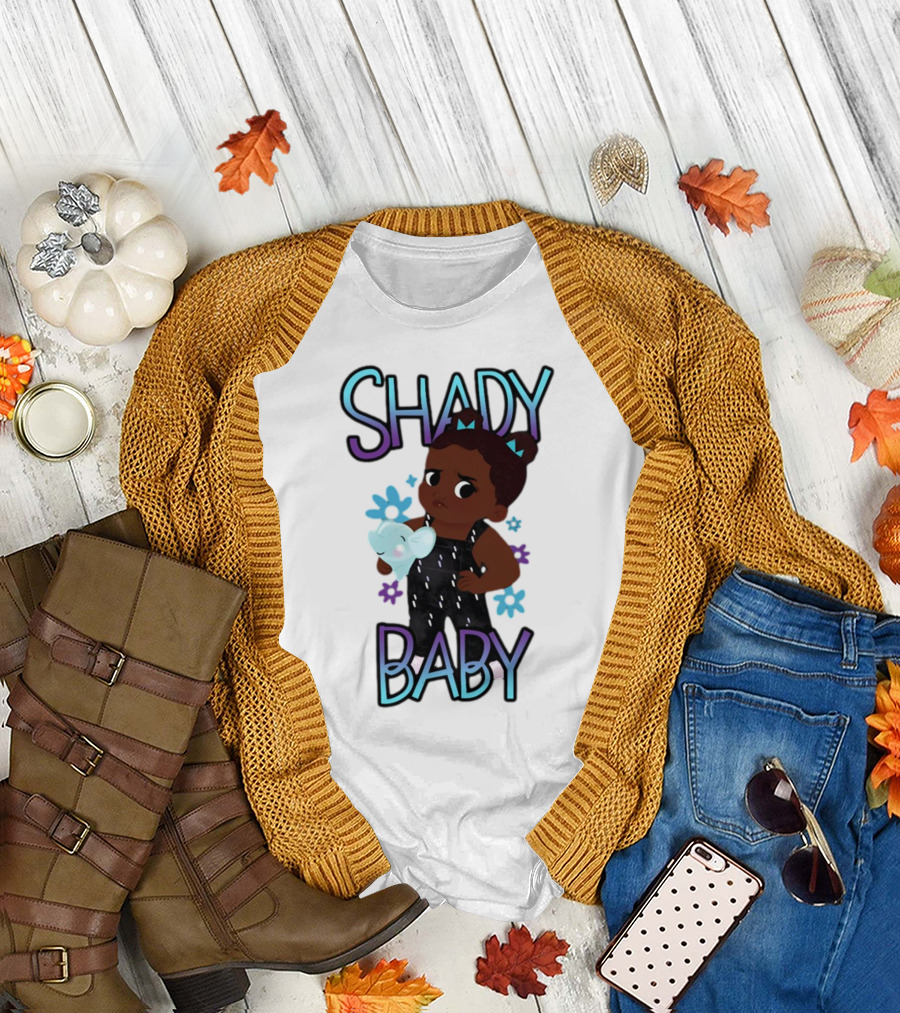 Shady Baby Cute Cartoon Character Holding Blue Elephant with Purple and Blue Flowers T-Shirt