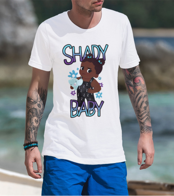 Shady Baby Cute Cartoon Character Holding Blue Elephant With Purple And Blue Flowers T-Shirt