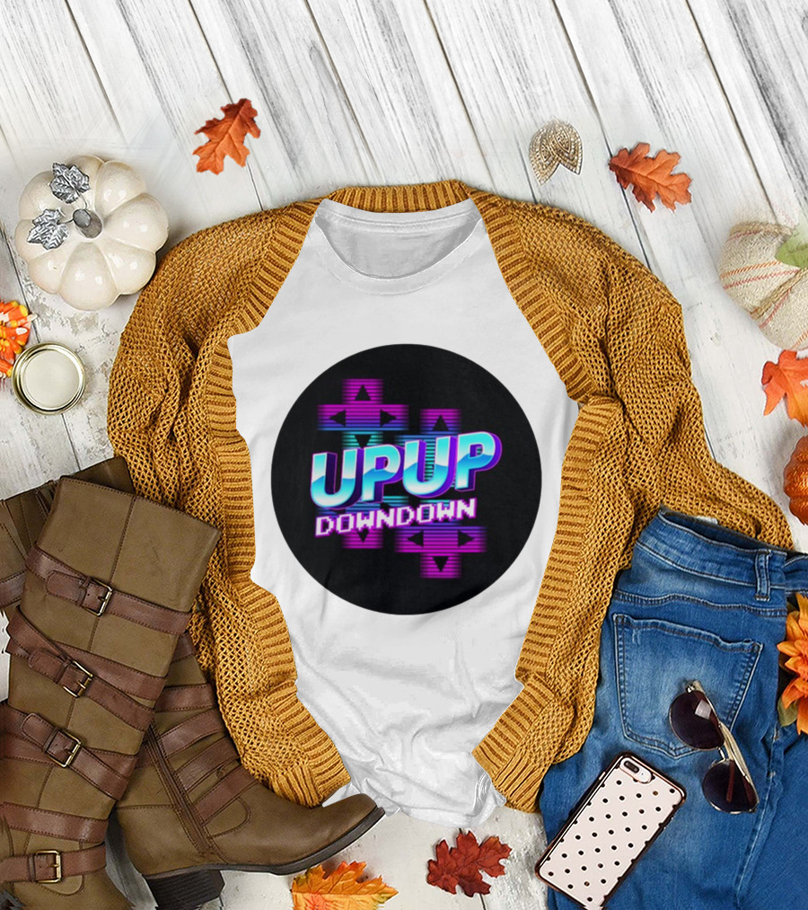 UPUP DOWNDOWN Retro Video Game Arrows Neon Text T-Shirt