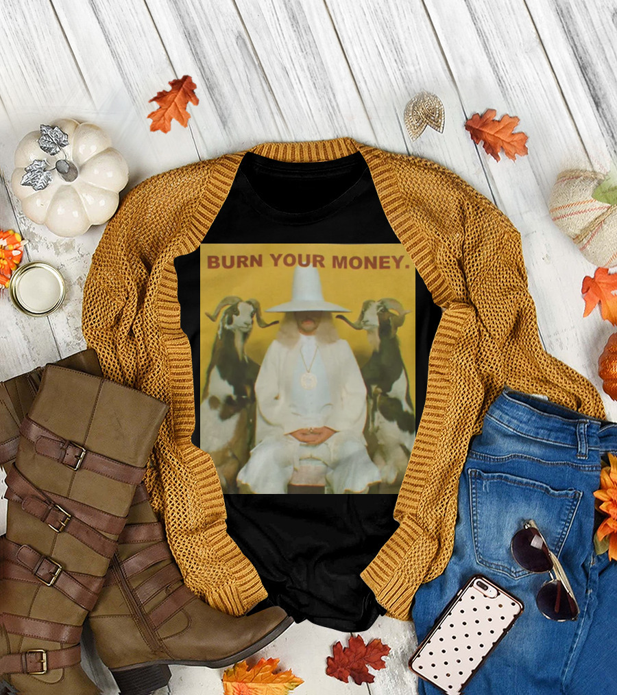 BURN YOUR MONEY White Suit Man with Goats T-Shirt