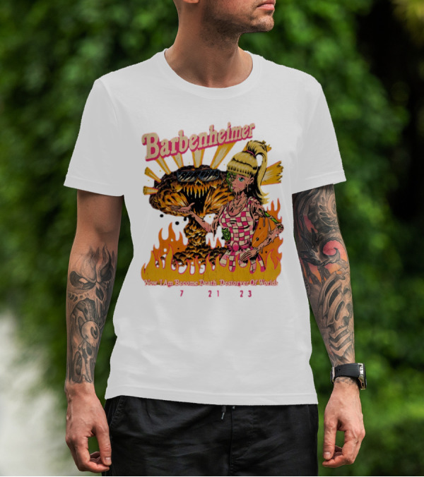 Barbenheimer Now I Am Become Death Destroyer Of Worlds 7 21 23 Retro Style Atomic Explosion Barbie Doll Flames T-Shirt