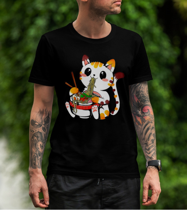 Furia Hiswattson Cat Enjoying Ramen Bowl With Chopsticks T-Shirt