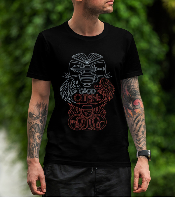 Autistjcgraham Good Omens Blu E Rossi Emblemi Doppio Angelo Spade E Serpenti Caduceo Maglietta T-Shirt