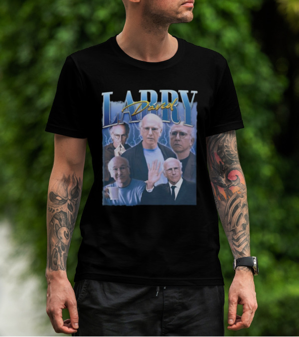 Larry David Multi-Expression Collage With Blue Lightning Background T-Shirt