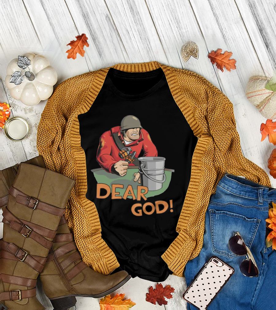 Team Fortress 2 Soldier Red Outfit with Grenade and Bucket Dear God T-Shirt
