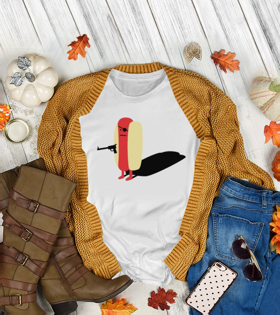 Melody Of Puns Diabolical Hot Dog with Smoking Gun and Eyepatch T-Shirt