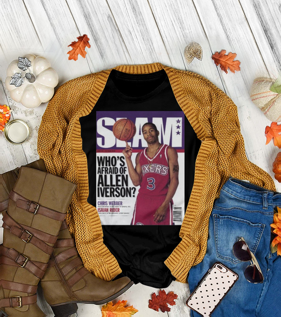 Slam Magazine Cover: Allen Iverson in Sixers Jersey with Who's Afraid of Allen Iverson Headline T-Shirt