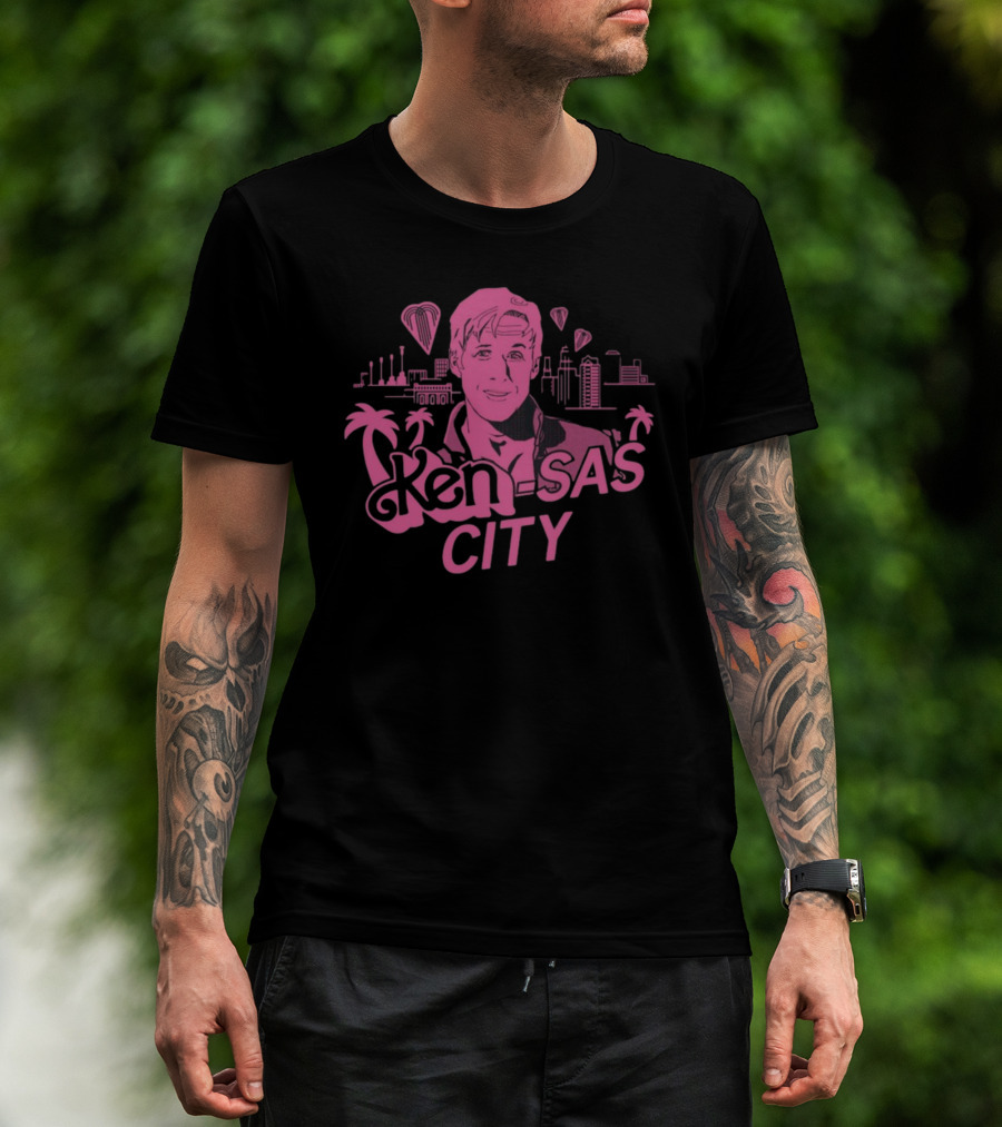 Ken-Sas City Pink Palm Skyline And Heart Balloons T-Shirt