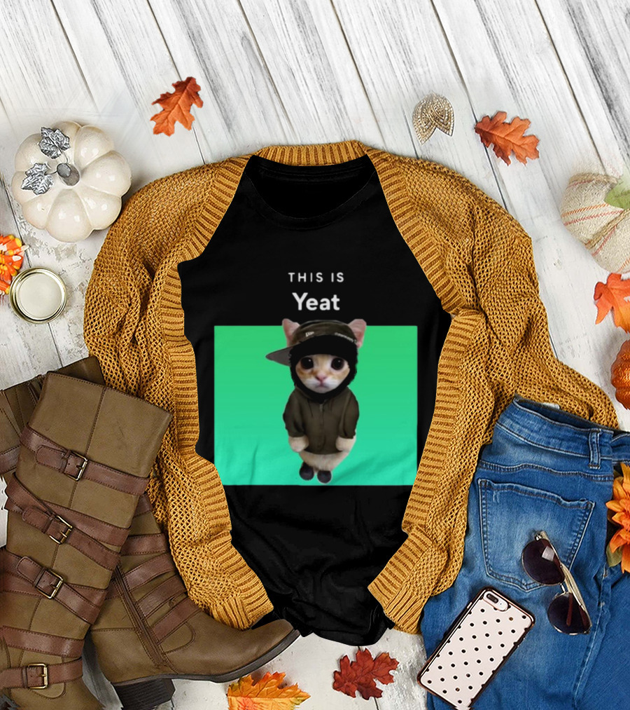Yeat Cat Wearing Hoodie and Cap on Green Background T-Shirt