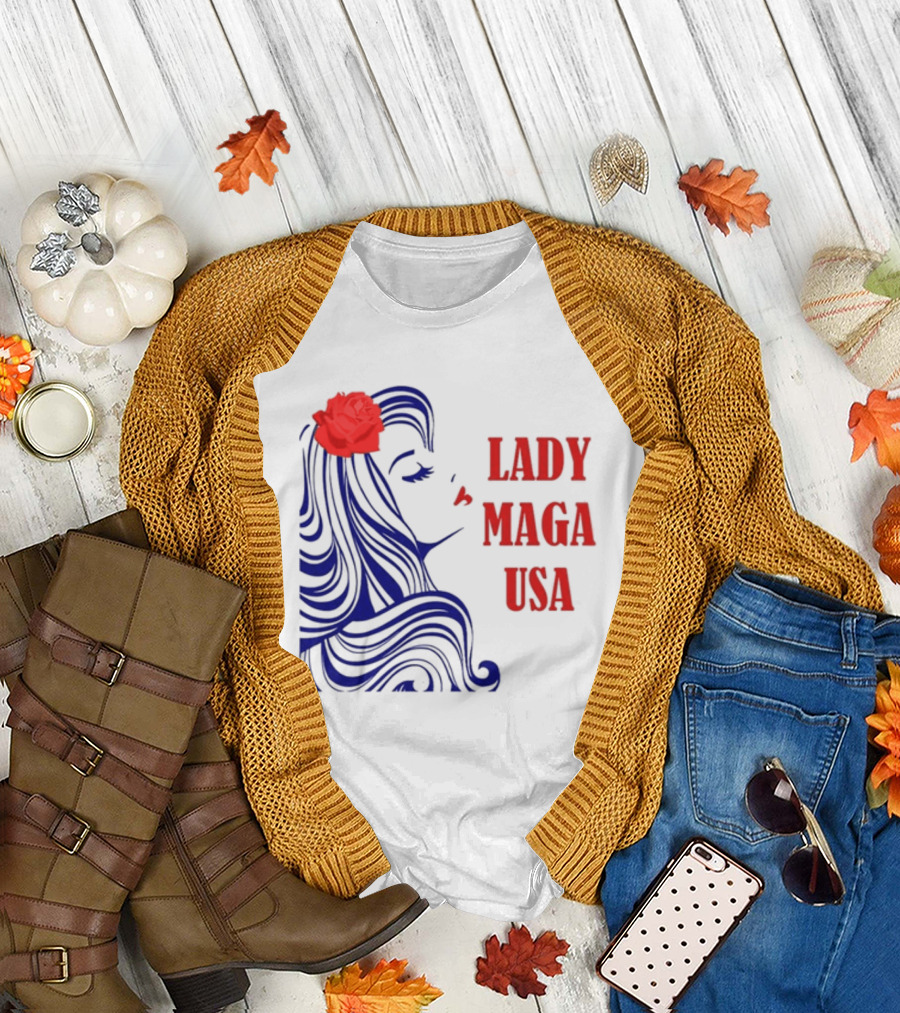 Lady Maga USA Bold Red and Blue Portrait with Rose T-Shirt