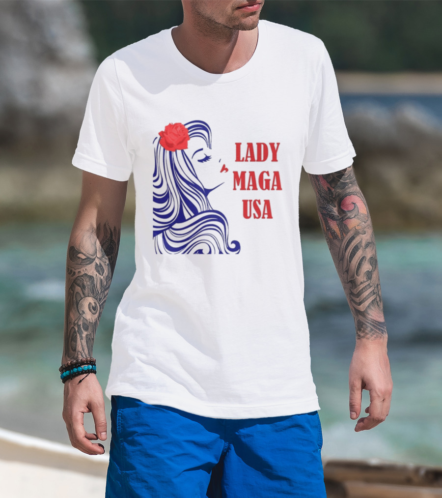 Lady Maga USA Bold Red And Blue Portrait With Rose T-Shirt