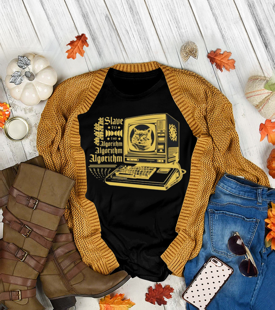 Freddytylerpaul Slave To The Algorithm Retro Computer Cat T-Shirt