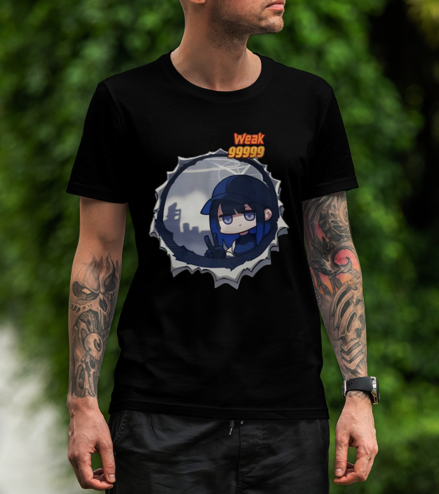 Weak 99999 Manga Character Peering Through Circular Portal T-Shirt