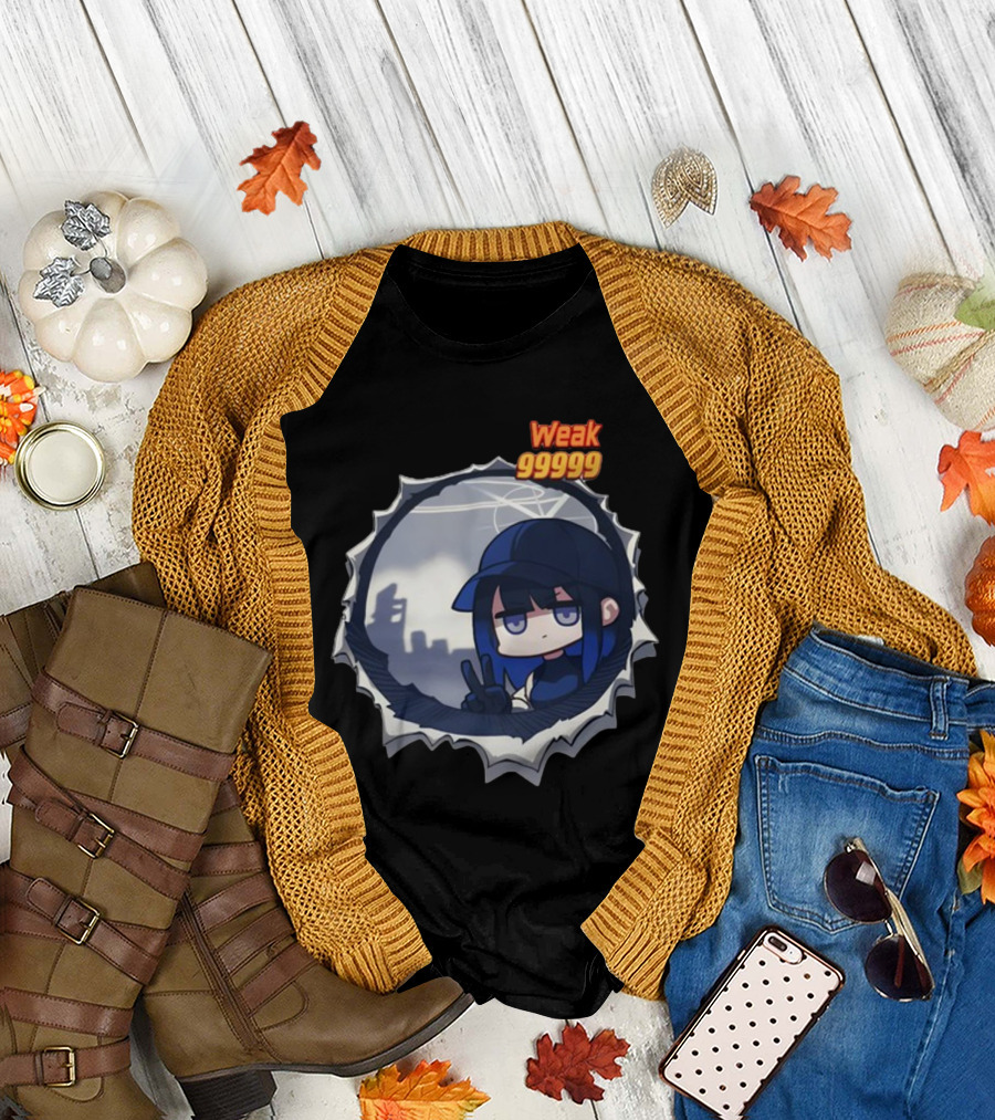Weak 99999 Manga Character Peering Through Circular Portal T-Shirt
