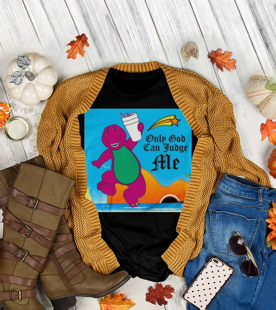 Only God Can Judge Me Dinosaur with Drink Star and Guitar Scene T-Shirt