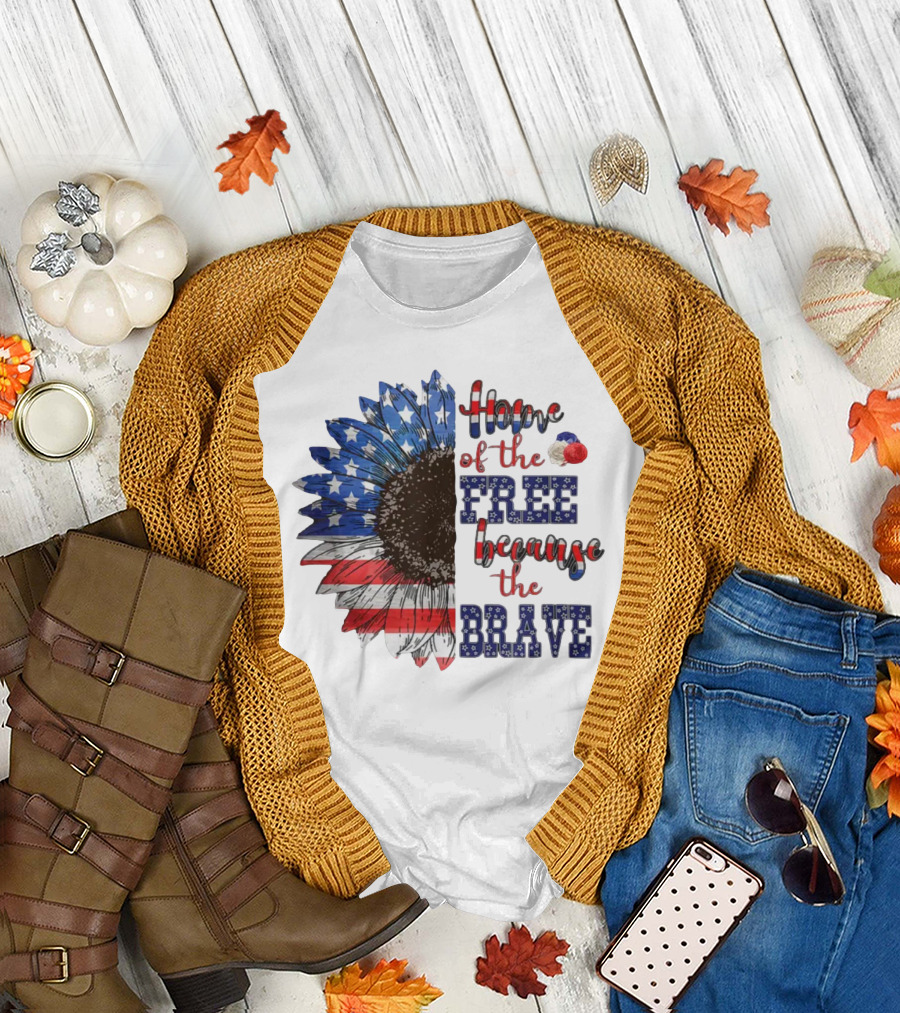 Home of the Free Because the Brave American Flag Sunflower 4th July Patriotic T-Shirt