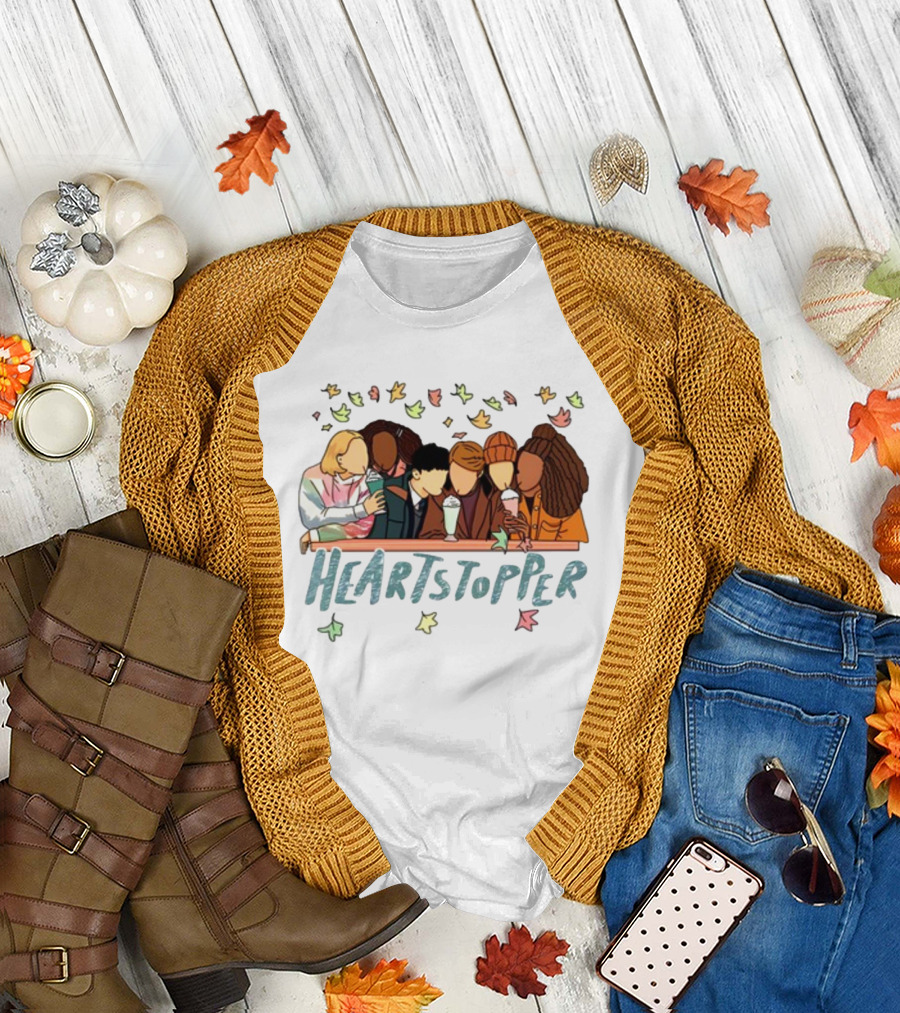 Heartstopper Characters At A Diner With Milkshakes And Falling Leaves T-Shirt