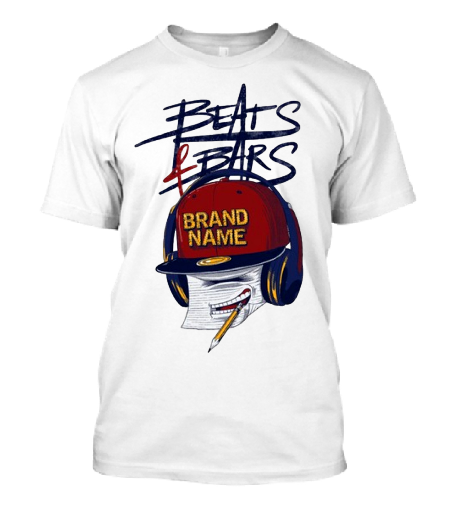 Beats And Bars Brand Name Hat Headphones Pencil Sketch T-Shirt