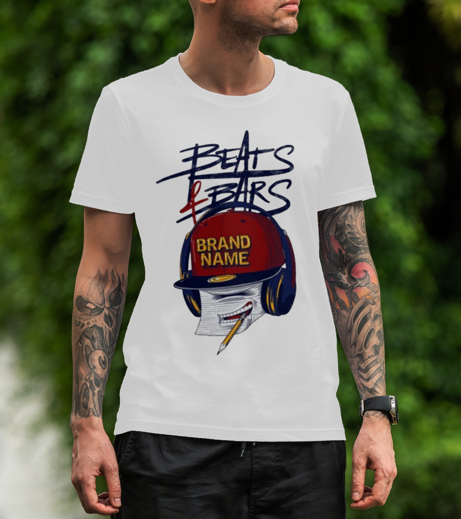Beats And Bars Brand Name Hat Headphones Pencil Sketch T-Shirt
