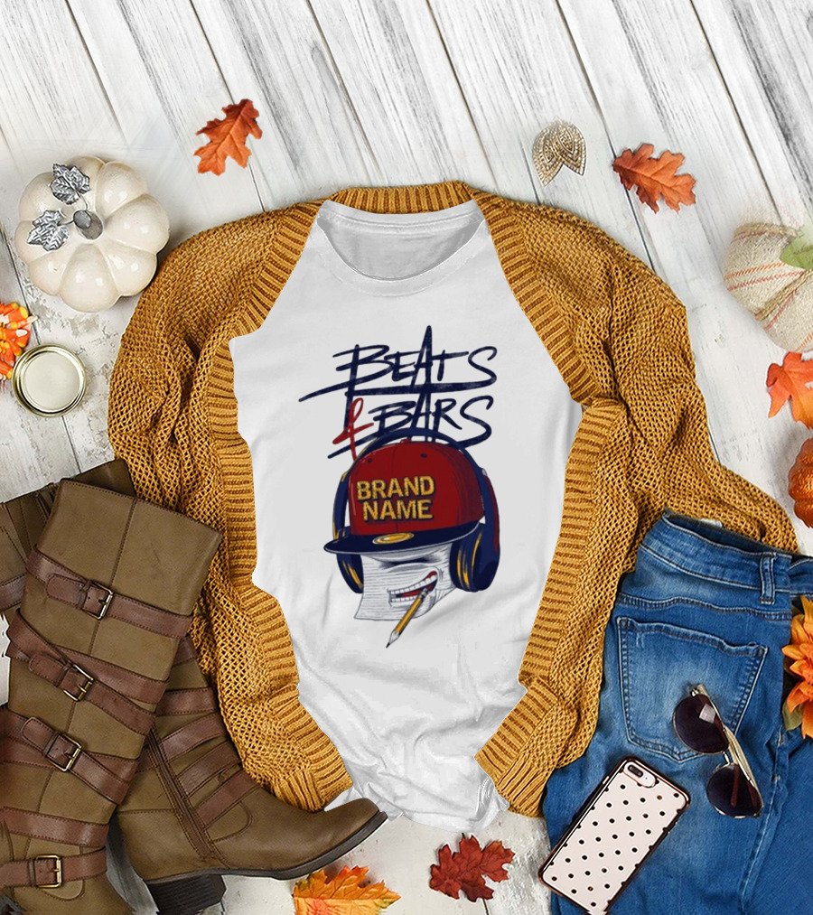 Beats and Bars Brand Name Hat Headphones Pencil Sketch T-Shirt