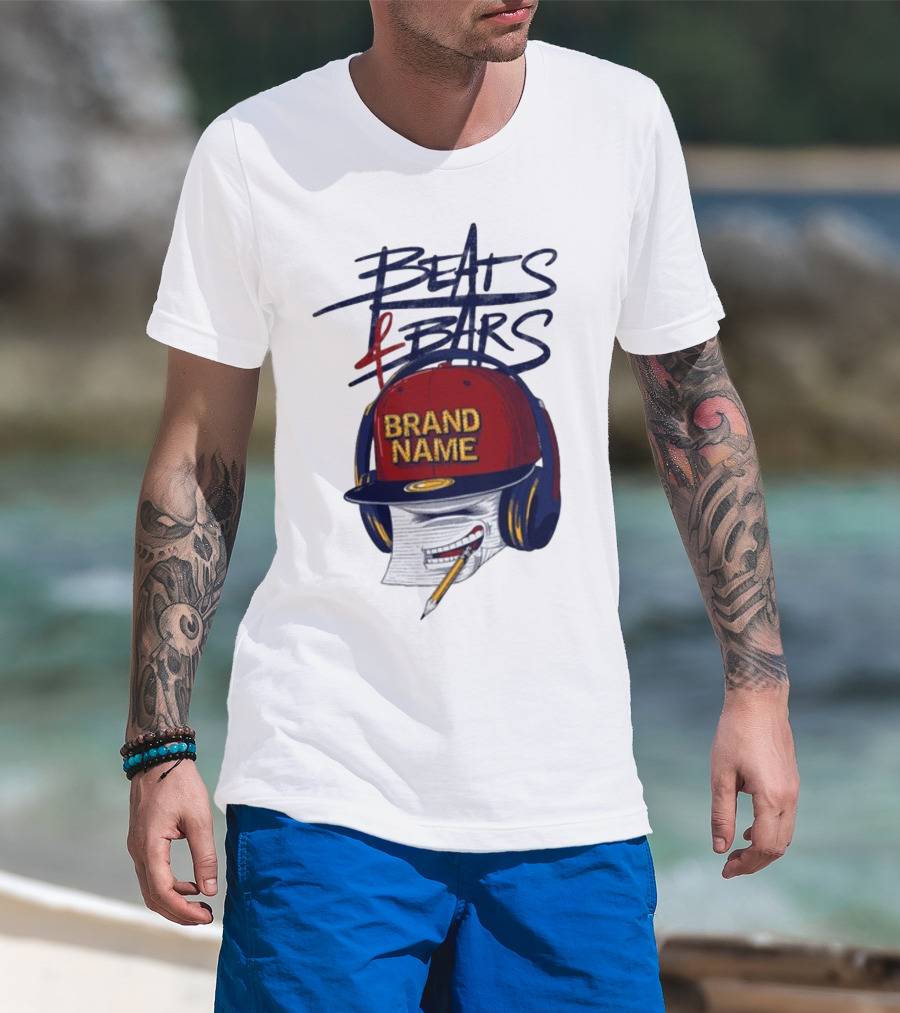 Beats And Bars Brand Name Hat Headphones Pencil Sketch T-Shirt