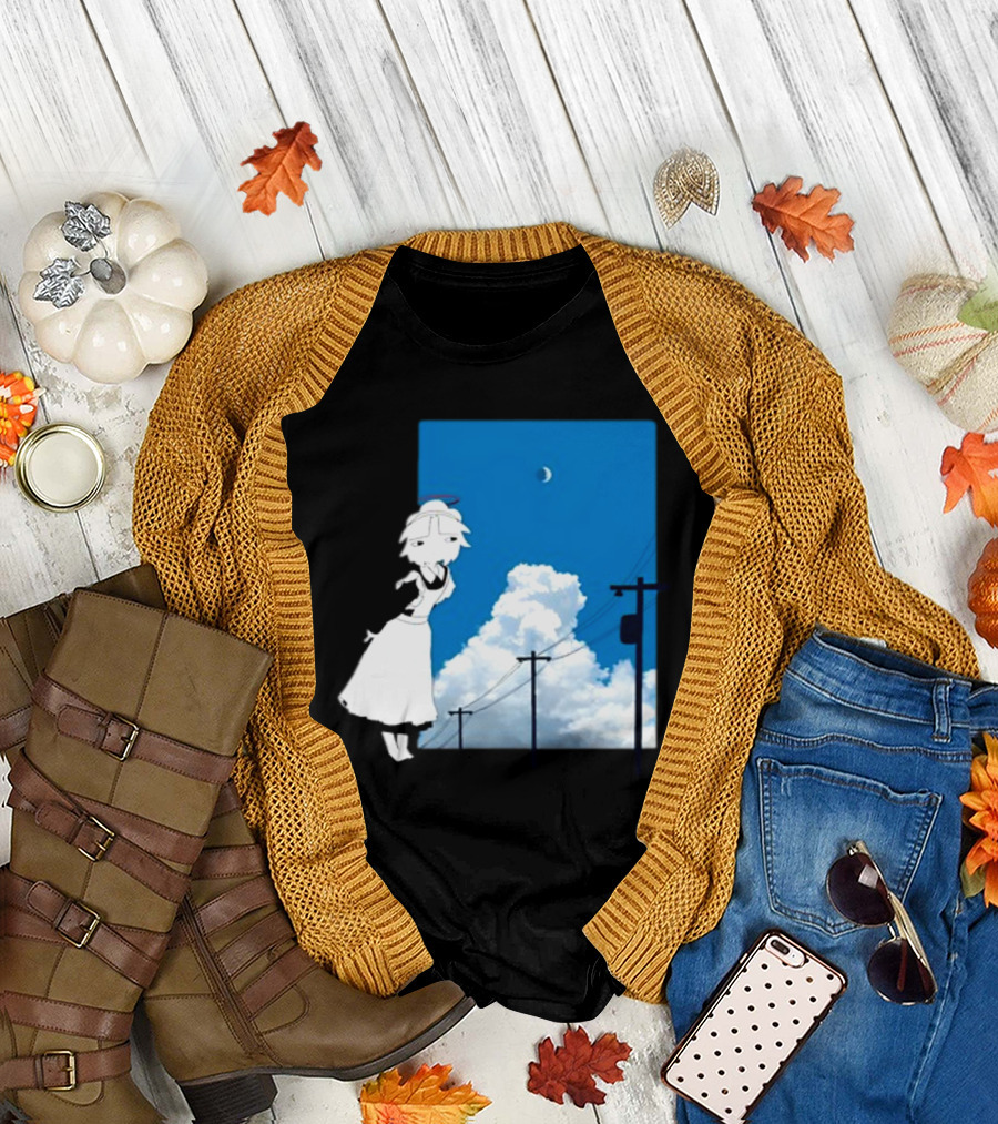 Electric Maid Under Cloudy Sky and Moon with Power Lines T-Shirt