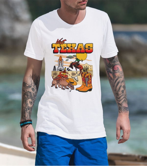 Visit Texas Armadillo Cowboy Boots Space Shuttle UFOs Rodeo Horse Alamo T-Shirt