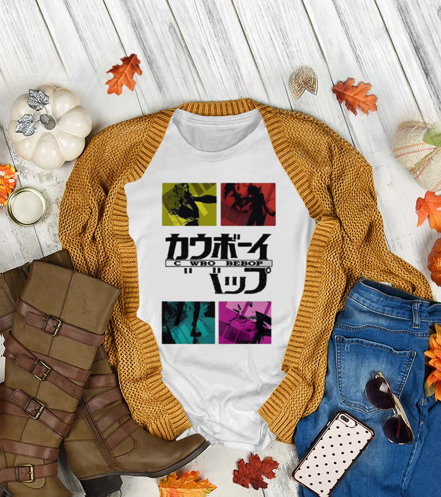 Superanimestore Cowboy Bebop Augmented Reality Japanese Text and Four Color Panels T-Shirt
