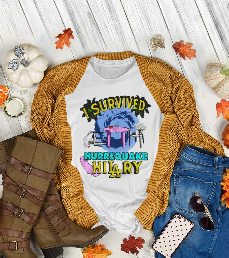 I Survived Hurriquake Hilary LA Chairs Map Swirl Table T-Shirt