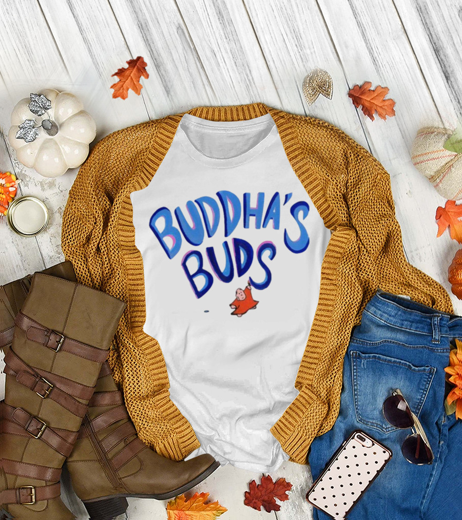 Buddha's Buds Blue Lettering with Cartoon Figure T-Shirt