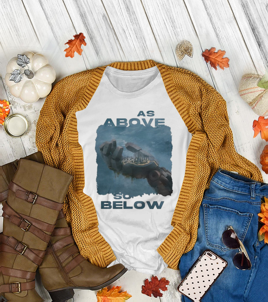 Essenger X Cryoshell As Above So Below Robotic Hand Holding Cityscape T-Shirt