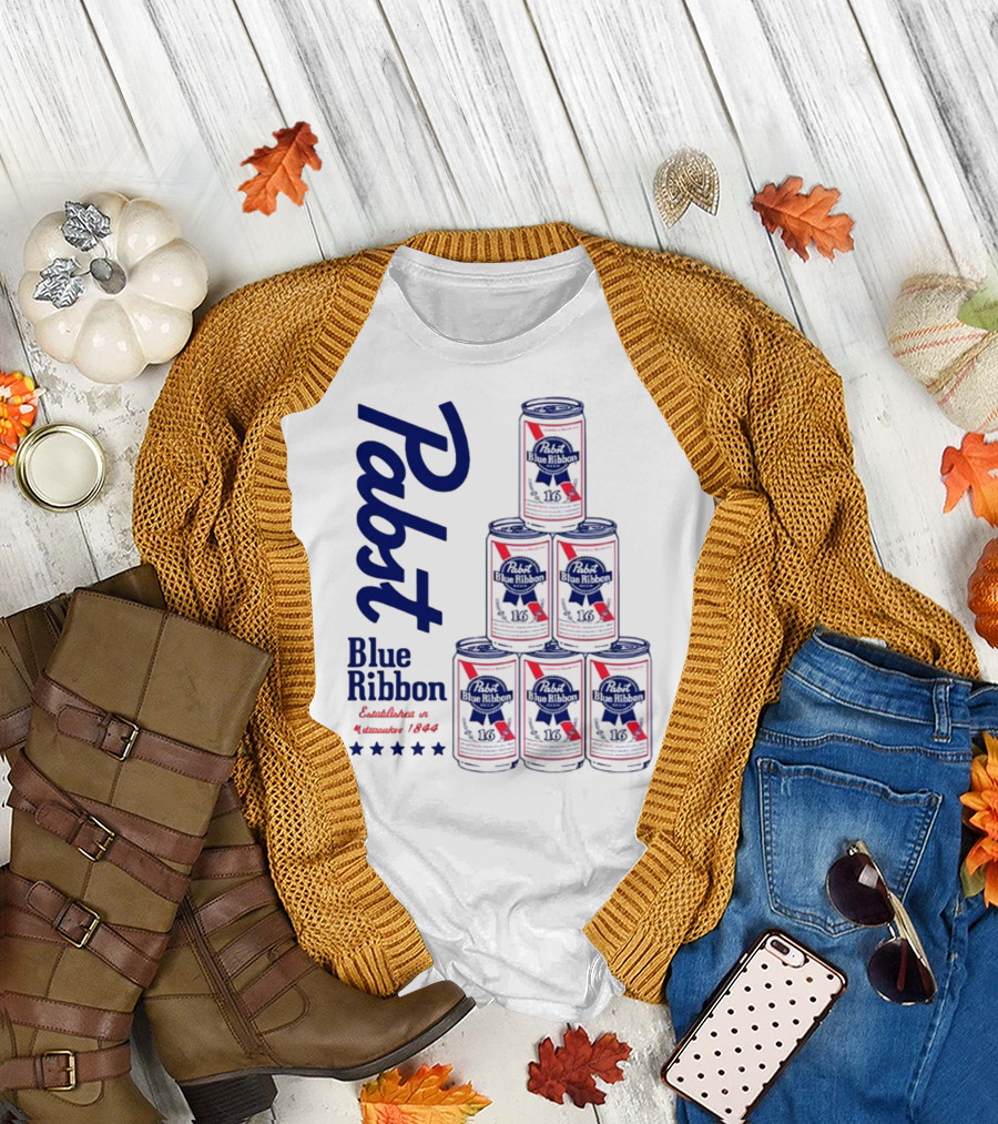 Pabst Blue Ribbon Beer Can Pyramid Established 1844 T-Shirt