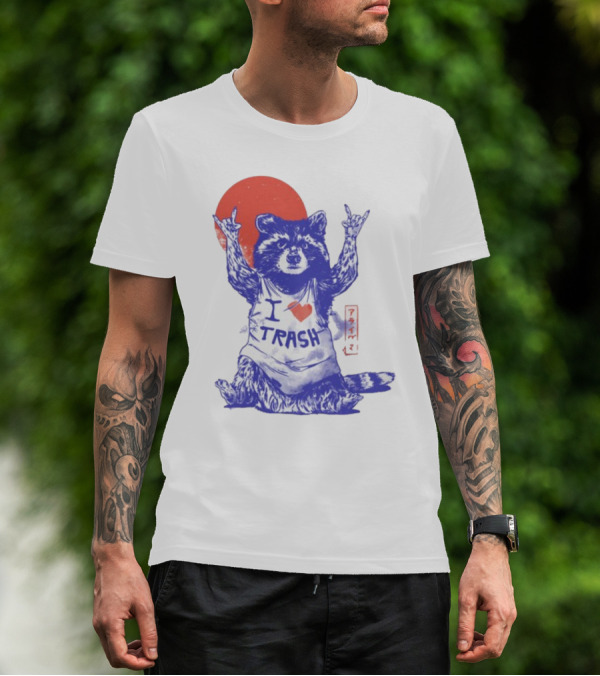 Wickedclothes I Love Trash Raccoon Rock Gesture Red Moon T-Shirt