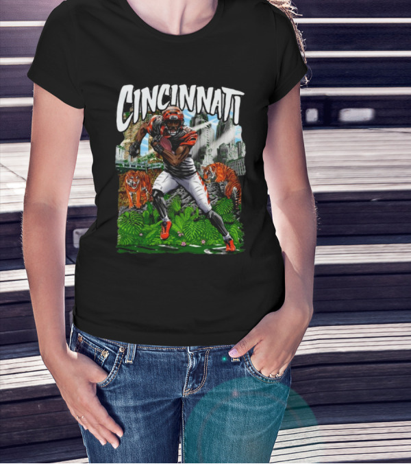 Cincinnati Jungle Football Player With Tigers And City Skyline T-Shirt
