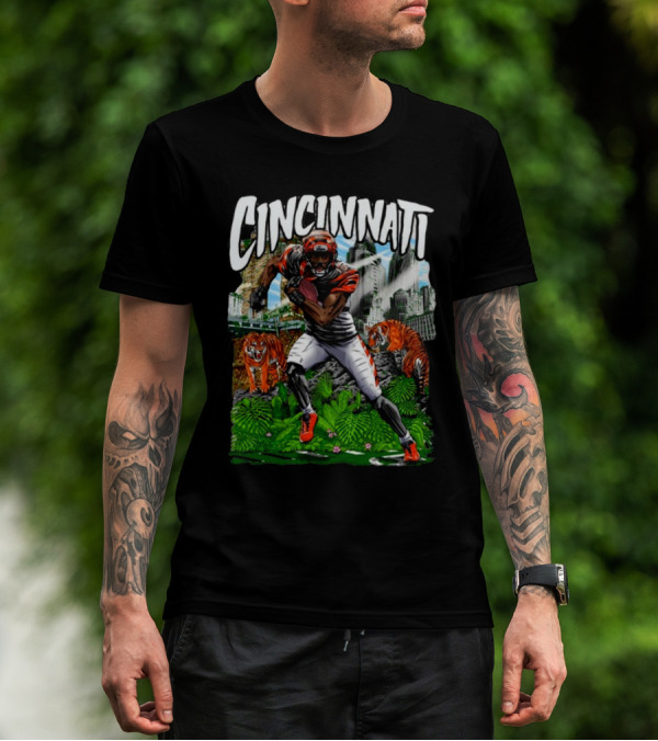 Cincinnati Jungle Football Player With Tigers And City Skyline T-Shirt
