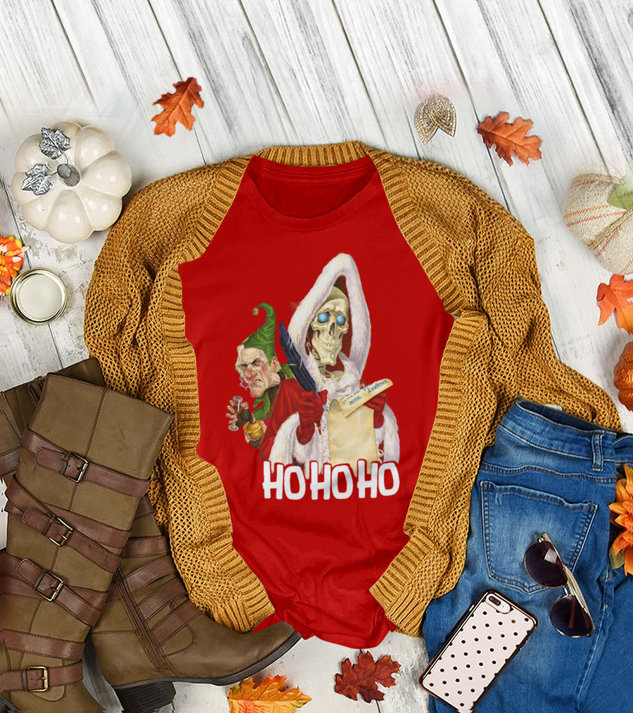 Ho Ho Ho Death With Albert Hogs Santa Skeleton and Elf T-Shirt