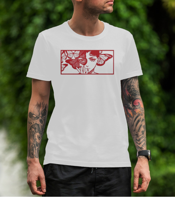 Maxmusic Enigmatic Red Butterflies And Woman In Rectangular Frame T-Shirt
