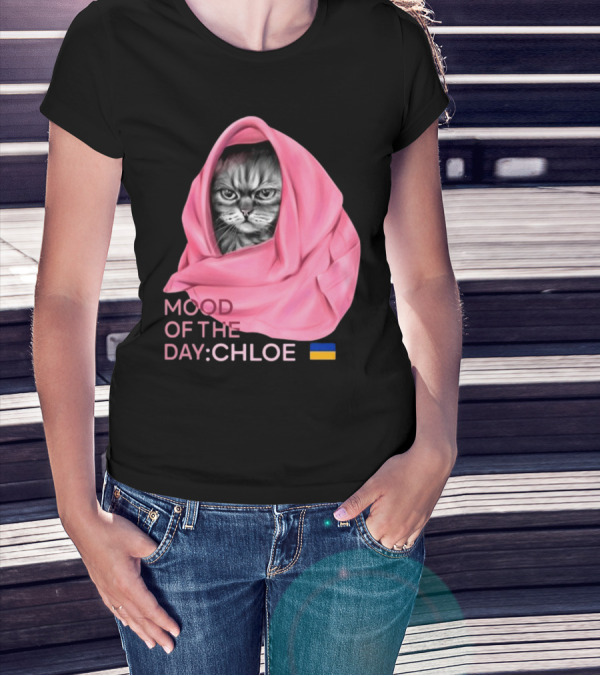 Mood Of The Day: Chloe Juliapod Pink Cat With Ukrainian Flag Background T-Shirt