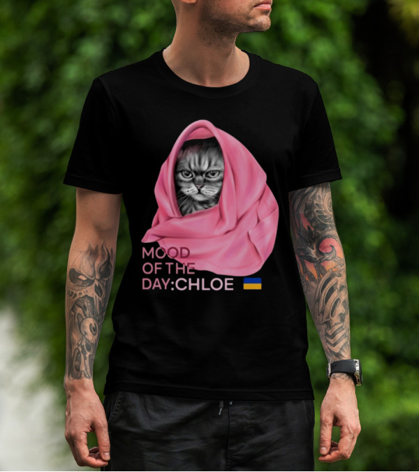 Mood Of The Day: Chloe Juliapod Pink Cat With Ukrainian Flag Background T-Shirt