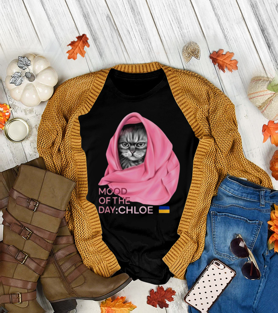 Mood Of The Day: Chloe Juliapod Pink Cat with Ukrainian Flag Background T-Shirt