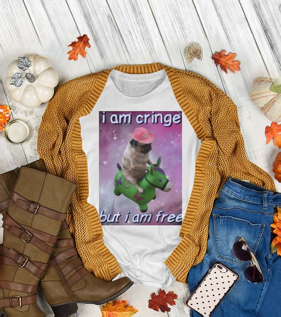 I Am Cringe But I Am Free Dog Riding Green Toy with Pink Cowboy Hat and Space Background T-Shirt
