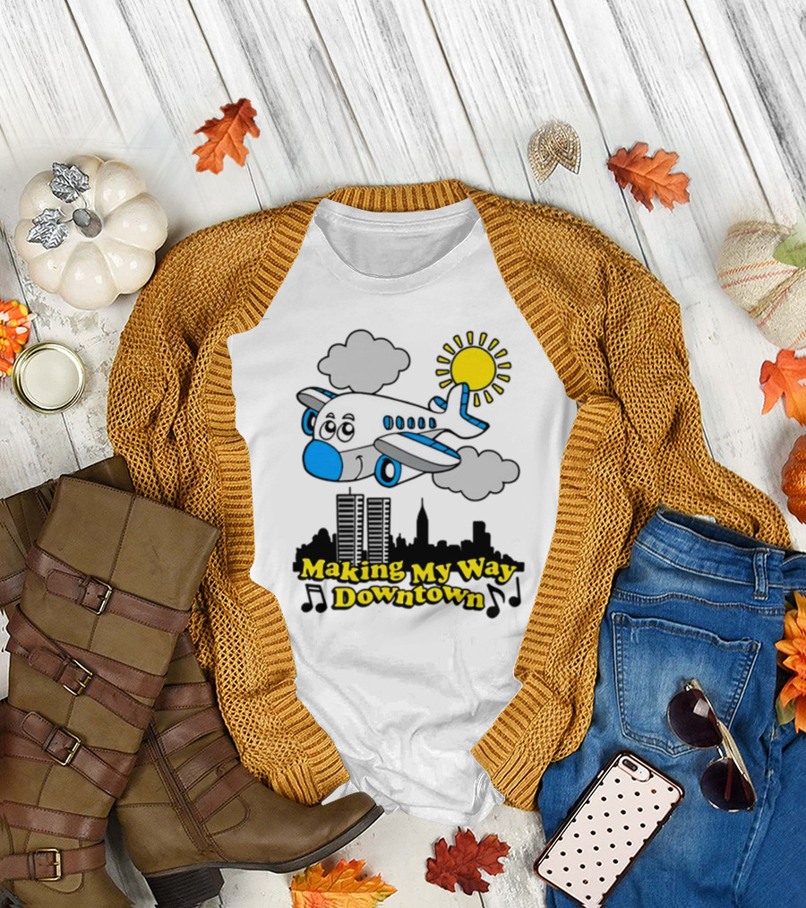 Making My Way Downtown Airplane City Skyline Sun Cloud Notes T-Shirt