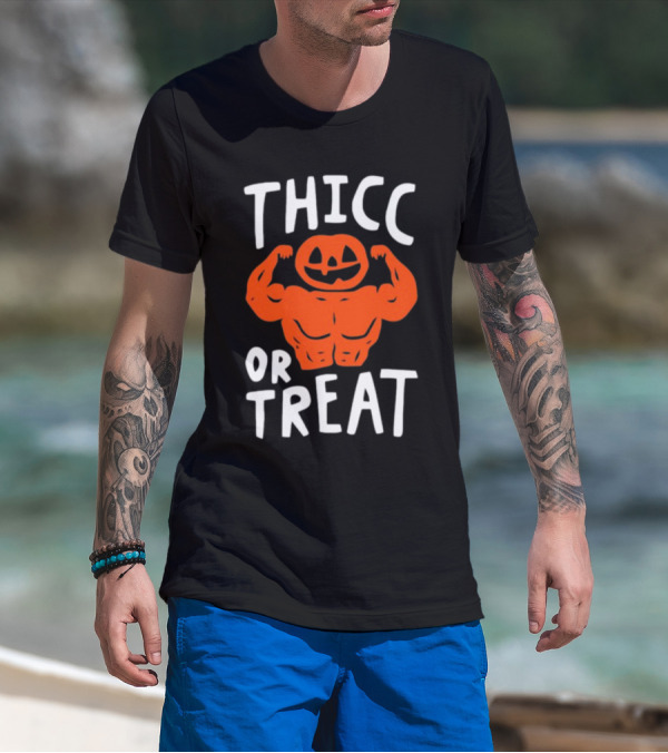 Thicc Or Treats Pumpkin Flexing Muscles T-Shirt