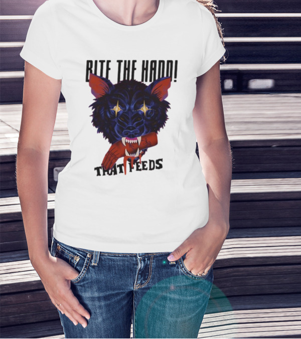 Galactixy Bite The Hand That Feeds Wolf With Glowing Eyes Holding Severed Hand T-Shirt