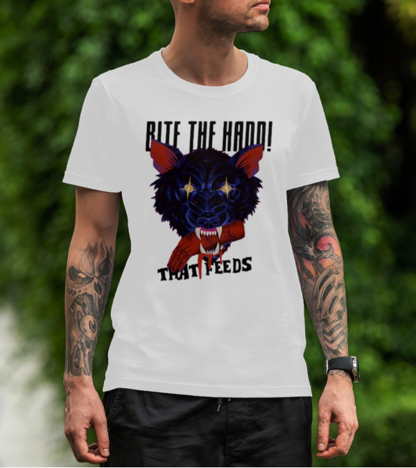 Galactixy Bite The Hand That Feeds Wolf With Glowing Eyes Holding Severed Hand T-Shirt